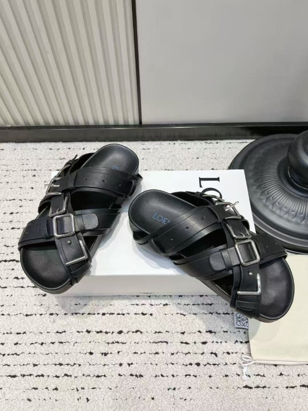 Loewe Black Leather Multi‑Strap Crisscross Buckle Slide Sandals - Picture 3 of 9